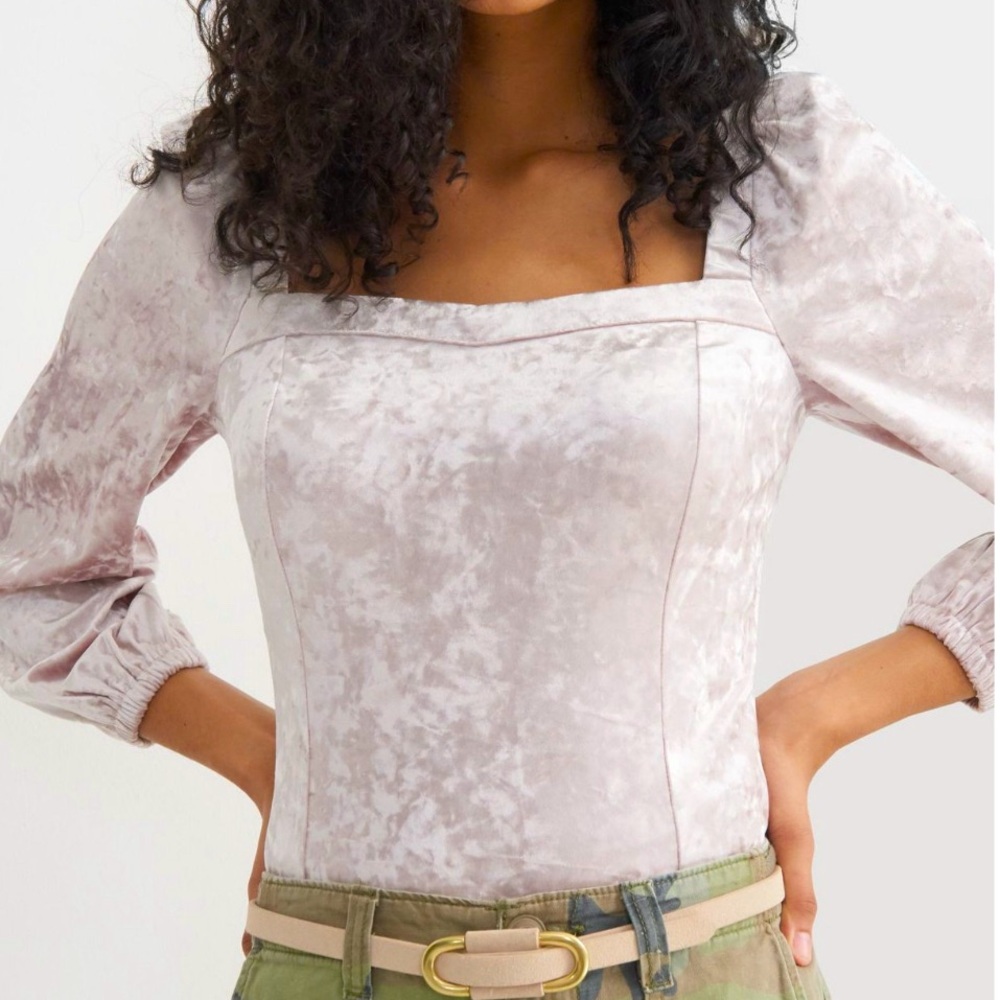 Anthropologie Jessima Shirt Blouse Velvet Long Puff Sleeves Pink Small
